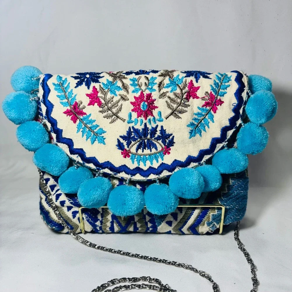 Paper Source Embroidered Pom Pom Crossbody Bag Blue Pink Boho Geometric Clutch